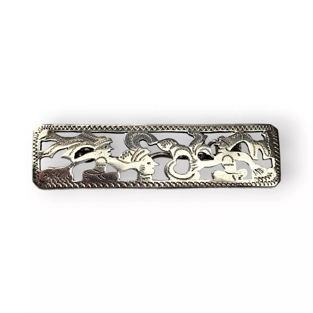 Antique Guatemalan Mayan Bar Brooch 900 Silver Ethnic People Vintage 1920s MTR